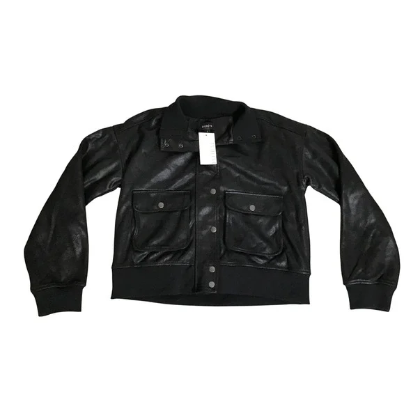 Evereve Women's Black Faux Leather Snap Front Aviator Bomber Jacket Size S NWT - Picture 2 of 8
